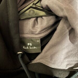 Slightly worn APC hooded sweatshirt, black with the red writing